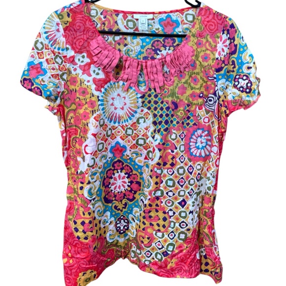 J. Crew Multicolor Vintage Medallion Patterned Blouse with Lattice Accents - Picture 2 of 4